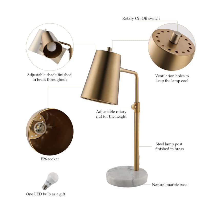 COZ 20inch Adjustable Gold Desk Lamp with Marble Base Antique Brass
